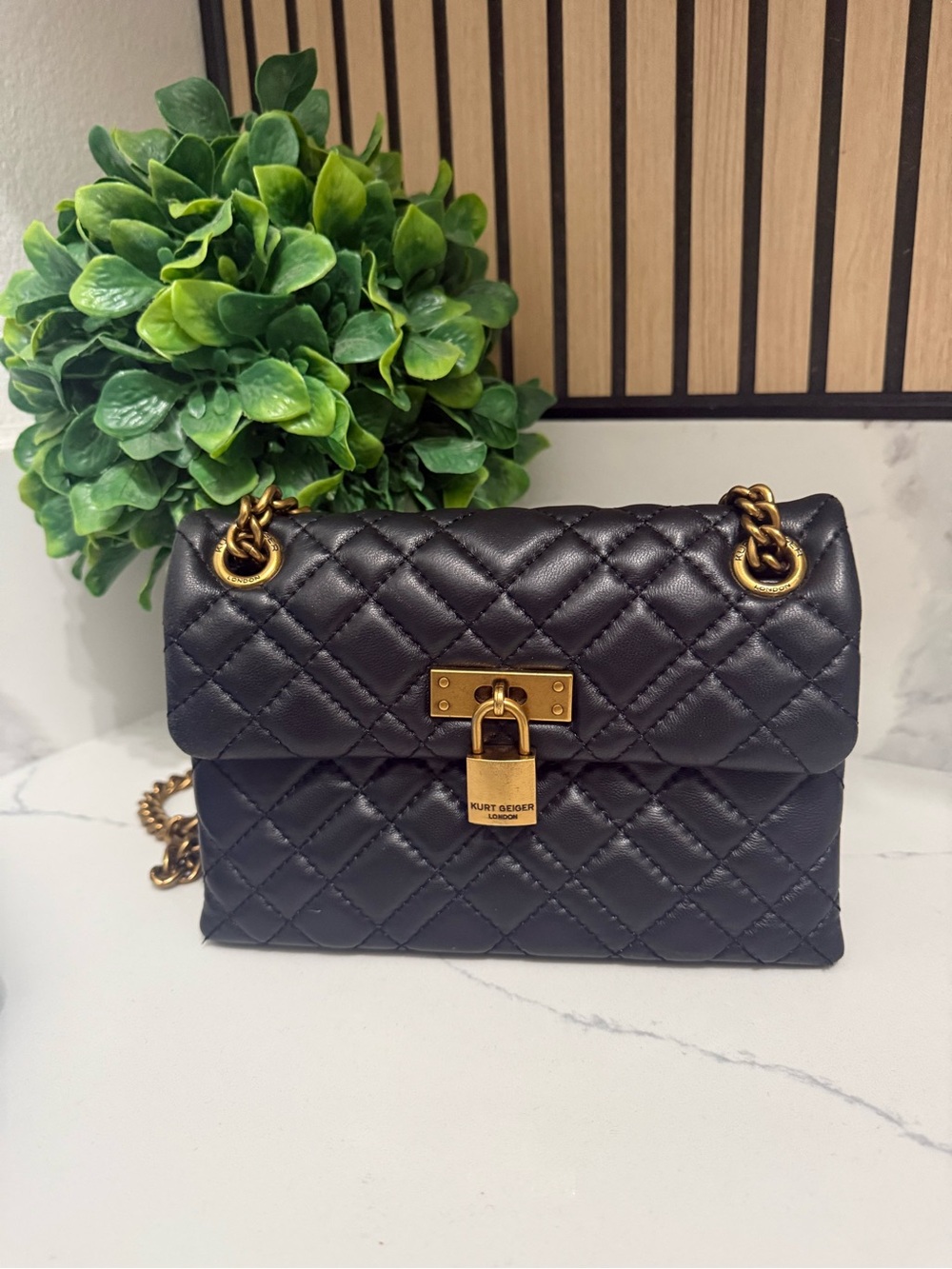 Kurt Geiger Black Quilted Leather Shoulder Bag with Gold Hardware